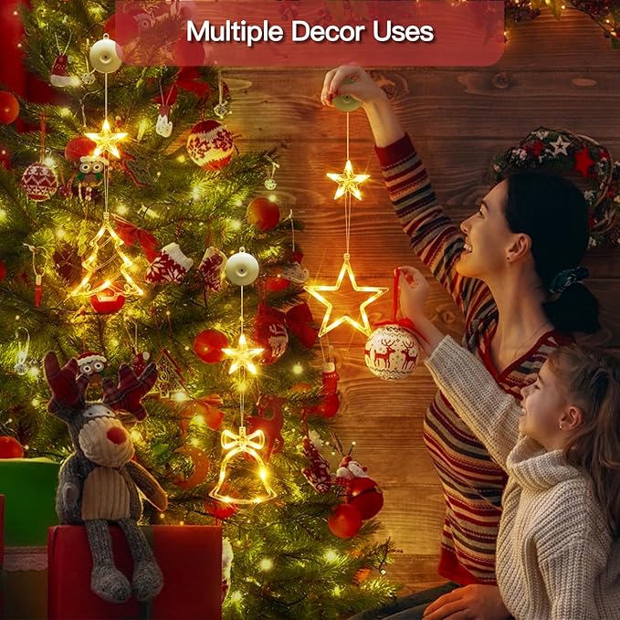 suddus Christmas Window Lights Decorations, 3Pcs Tree-Jingle Bell-Star Shaped Xmas Lights Battery Powered with Suction Cups & Timer, Hanging String Lights Indoor for Tree, Fireplace, Warm White