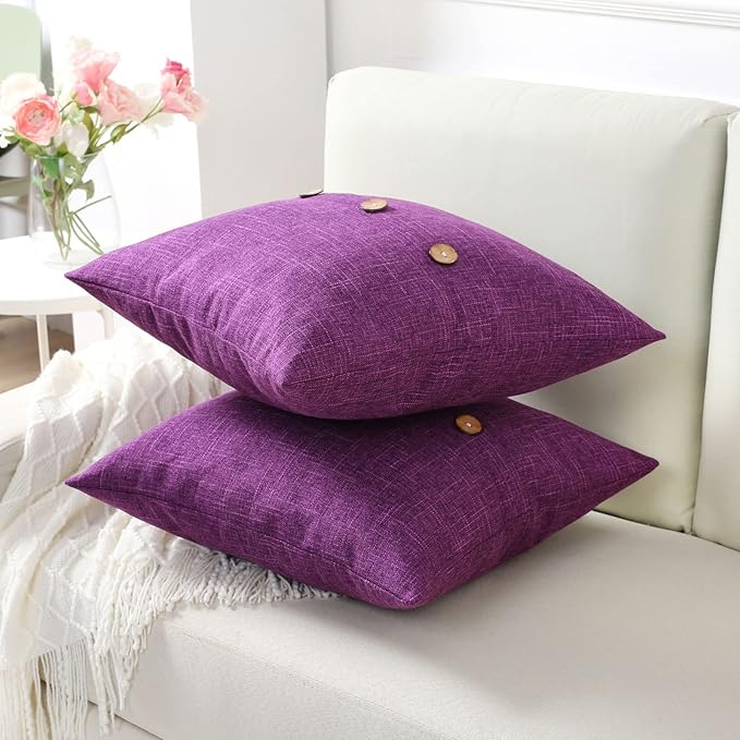 HAUSSY Purple Linen Decorative Throw Pillow Covers 24x24 Inch Set of 2, Square Euro Cushion Case with 3 Vintage Buttons,Modern Farmhouse Home Decor for Couch,Bed