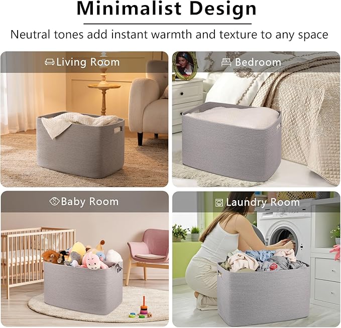 OIAHOMY 118L XXXLarge Cotton Rope Storage Basket, Oversized Blanket Basket, Used for Organizing Dirty Clothes in Living Room, Bedroom, Nursery, Dog Toy Storage Bins, 25" x 17" x 16",Grey