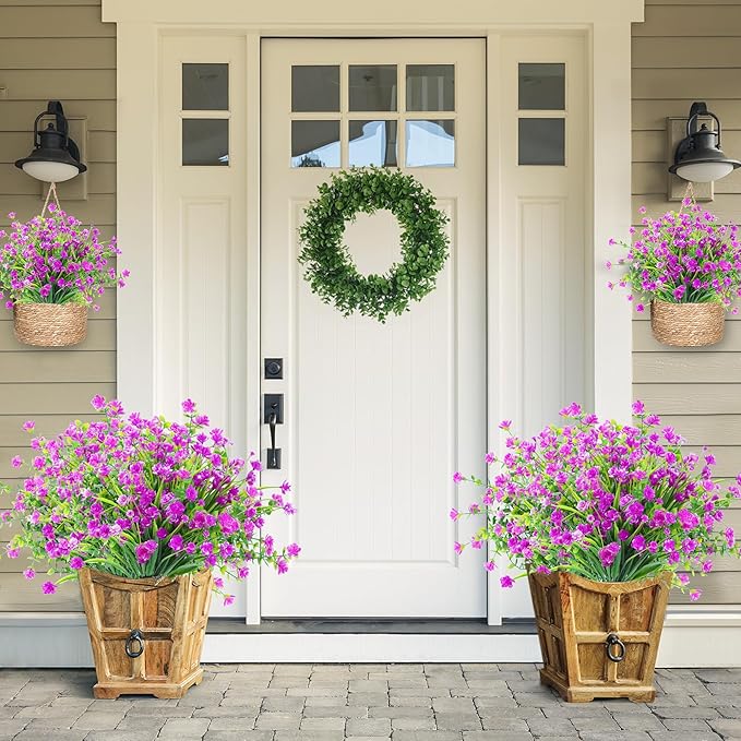 Sggvecsy Artificial Flowers for Outdoors 24 Bundles UV Resistant Boxwood Shrubs Artificial Eucalyptus Fake Plants Faux Plastic Greenery for Farmhouse Garden Home Indoor Outdoor Decoration（Magenta）