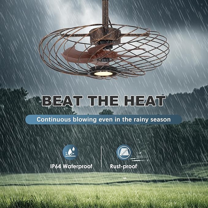 20" Outdoor Ceiling Fan with Light, Waterproof Gazebo Fan Remote Control, Dimmable LED Light, Hanging Black Caged Ceiling Fixtures with Plug in Cord for Patios Pergola, Black Gold