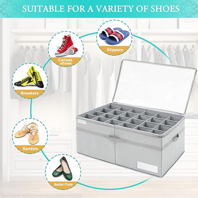 LUVHOMEE Shoe Organizer for Closet, Fits 24 Pairs, Large Shoe Box Storage Containers, Clear Foldable Shoe Storage Bins w/Bottom Support, Space Saving Closet Shoes Holder w/Reinforced Handles, Gray