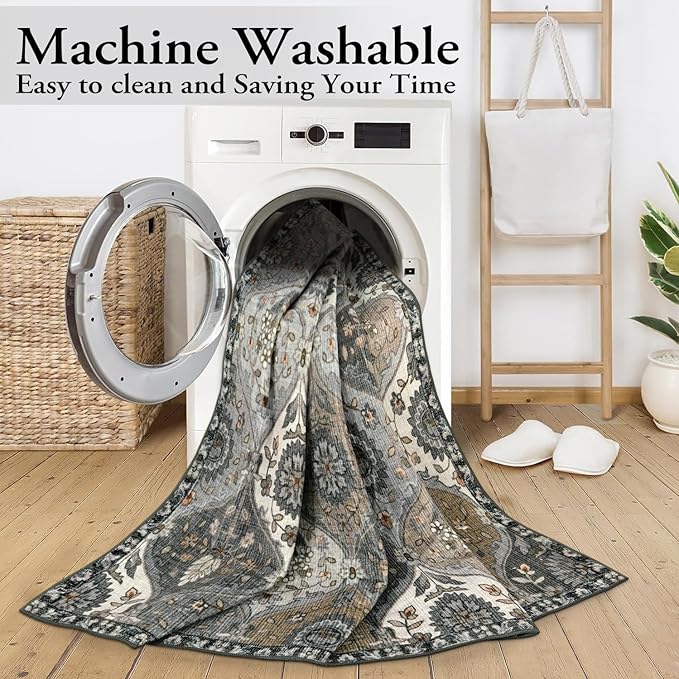 Lahome Moroccan 8x10 Area Rugs for Living Room, Washable Rugs 8x10 Ultra-Thin Oriental Non-Slip Non Shedding Accent Carpet for Bedroom Dining Room Office Nursery, Grey