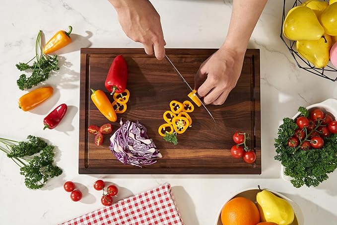 American Dark Walnut Wood Cutting Board 17x12 x1in for Kitchen with Juice Groove, Inner Handles, Gift Box, Thick Wooden Cutting Board Finished with Linseed Oil, Beeswax, Carnauba Wax, Lemon Oil