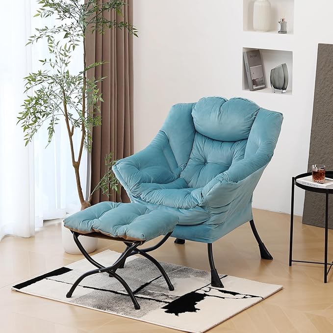 Lazy Chair with Ottoman, Modern Chair with Folding Footrest, Lounge Accent Chair, Comfortable Reading Chair (Velvet Light Blue