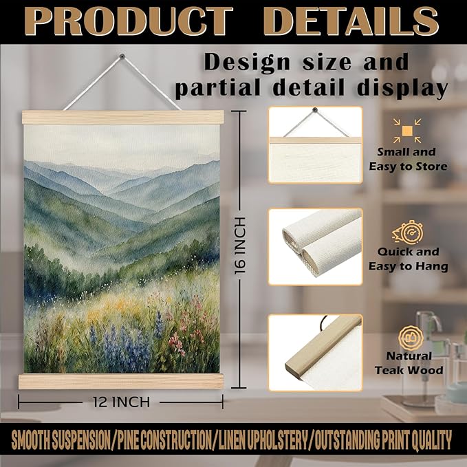 FITIE Green Mountains Forest Wall Art, Mountain Wall Decor, Rustic Farmhouse Forest Wall Art Decor, Watercolor Blue Ridge Mountains Wildflower Nature Landscape Canvas Wall Art Poster Hanger Frame, 12x16 Inches