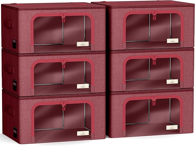 Sorbus Storage Bins with Metal Frame - Stackable & Foldable Clothes Organizer Bags - Oxford Fabric Storage Containers with Large Clear Window & Carry Handles, Bedroom Organization for Bedding & Linen