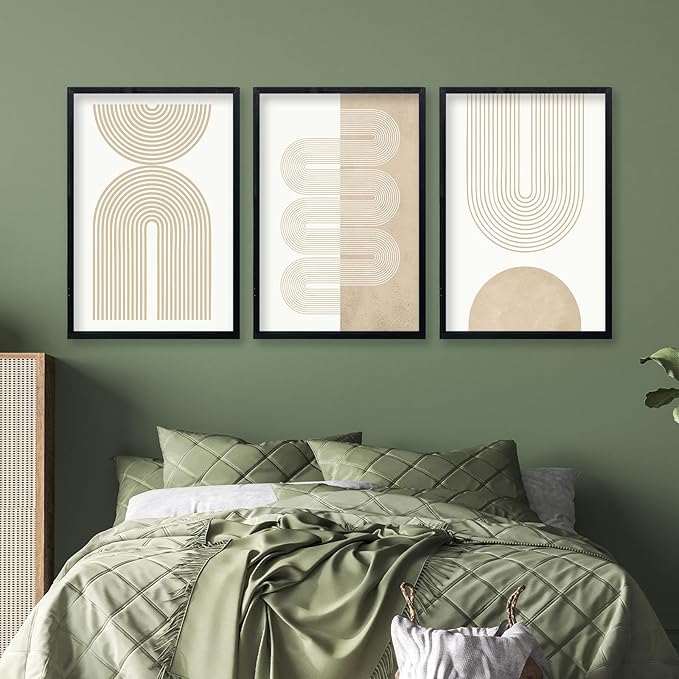 Wall Art Set of 3 Geometric Beige Spiral Wave 16"x11" Wooden Framed Mid Century Organic Abstract Neutral Sign Prints Nordic Boho Office Living Room Master Bedroom Wall Hang Decor (Black)