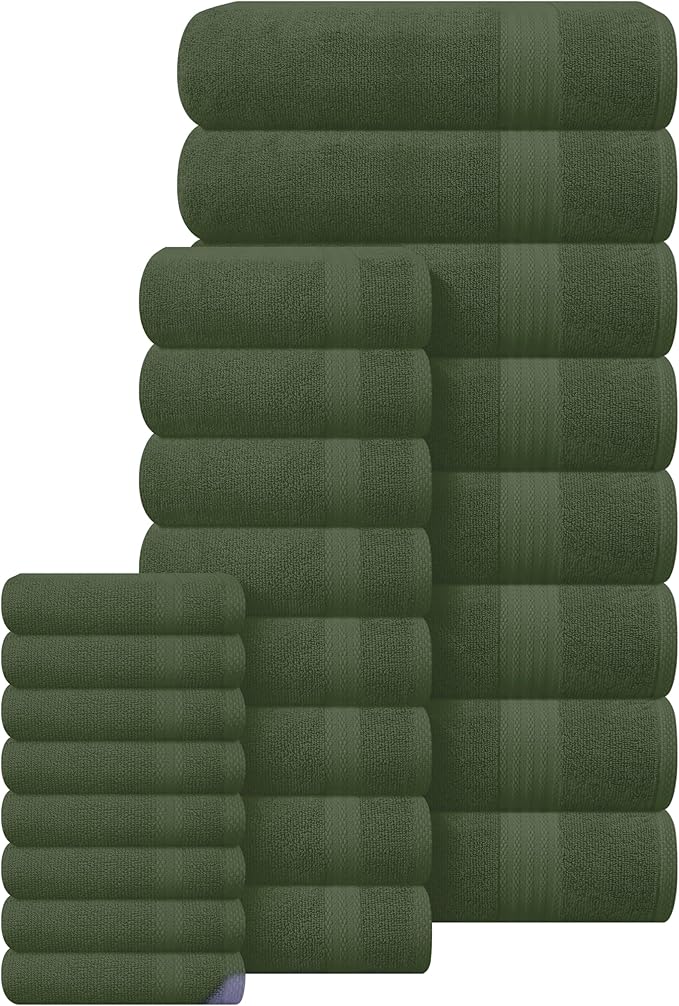 GLAMBURG Ultra Soft 24-Piece Towel Set - 100% Pure Ringspun Cotton, Contains 8 Oversized Bath Towels 27x54, 8 Hand Towels 16x28, 8 Wash Cloths 13x13 - Ideal for Everyday use, Hotel & Spa - Olive Green