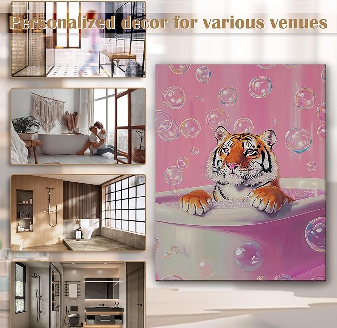 FITIE Trendy Bathing Tiger Bathroom Canvas Wall Art Poster, Pink Aesthetic Bubbles Tiger Framed Artwork Prints Wall Decor for Bathroom Half Bath Washroom, 11x14 Inch