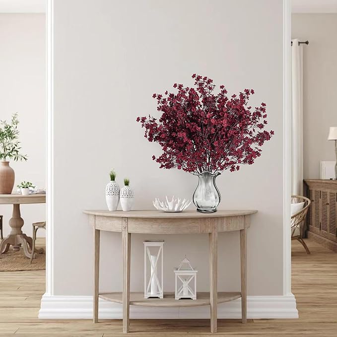 Sggvecsy 15 Pcs Babys Breath Artificial Flowers Gypsophila Bouquets Bulk Real Touch Fake Silk Flowers for Home DIY Floral Arrangement Table Centerpiece Fall Thanksgiving Autumn Decoration (Burgundy)