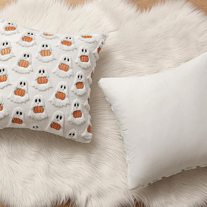 MIULEE Halloween Pillow Covers Decorative Fall Cute Ghost Plush Faux Fur Pillows 20x20 Inch Set of 2 Soft Pumpkin Accents for Sofa Couch Bed Living Room Festive Home Decor, White Bright Orange