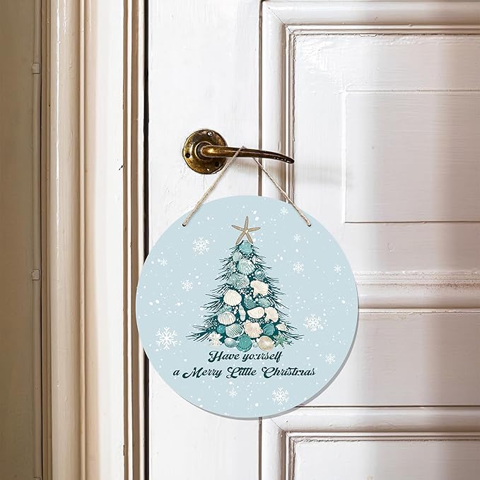 CGBHW Coastal Christmas Tree Wooden Sign, Ocean Coastal Holiday Christmas Xmas Beach Hanging Sign Wall Decor, Have yourself a Merry Little Christmas Tree Shell Beach Home Door Decor 12 x 6 Inch