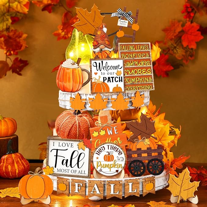 21 Pcs Fall Tiered Tray Decoration Set Thanksgiving Table Sign Pumpkins Farmhouse Decor Gnome Maple Leaves Centerpieces Harvest Wood Blocks Signs Fall Block Tabletop for Autumn(Gnome)
