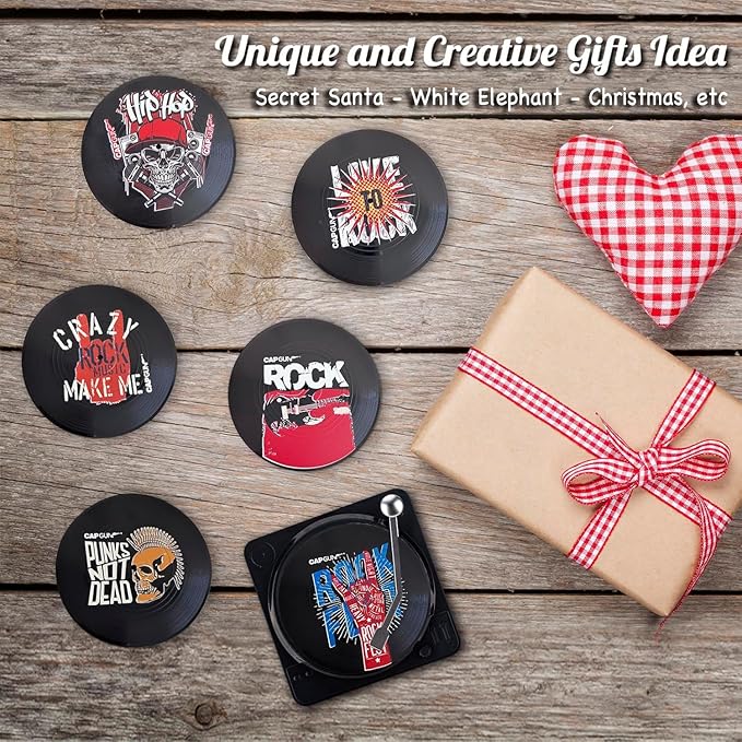 Valdivia Funny Retro Vinyl Record Coasters with Player, 6PCS Rock Coasters for Drinks, Cool Home Decor for Housewarming Gifts, Music Lovers Gifts, Birthday Gifts for Men and White Elephant Gifts Ideas
