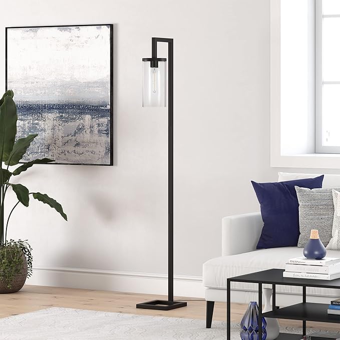 Henn&Hart 67.75" Tall Floor Lamp with Glass Shade in Blackened Bronze/Clear, Floor Lamp for Home Office, Bedroom, Living Room