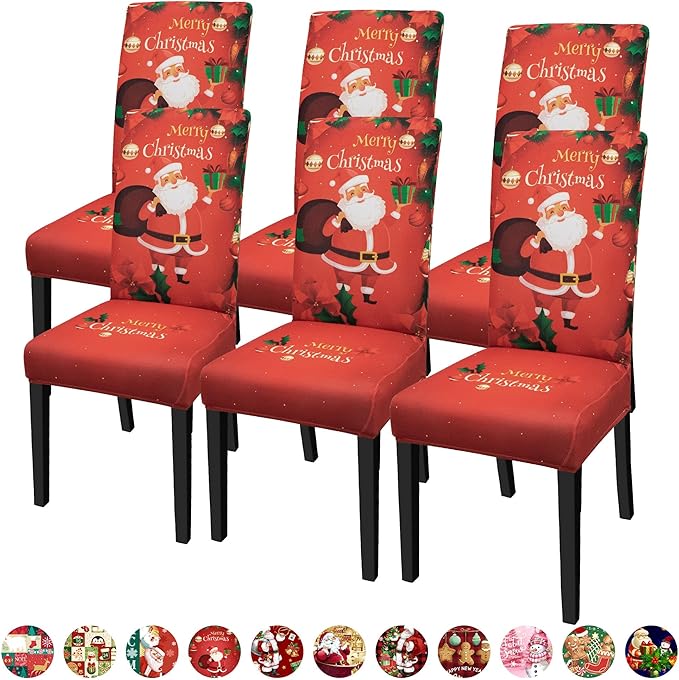 Christmas Chair Covers for Dining Chairs, Dining Room Chair Covers Set of 6, Stretch Parsons Chair Slipcovers, Removable Washable kitchen Chair Cover for Home Hotel Banquet Holiday Decoration