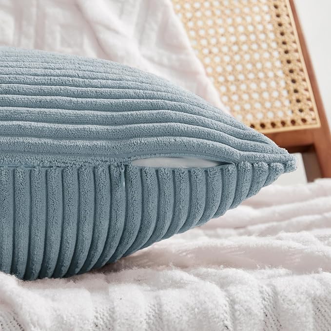 Fancy Homi Set of 4 Light Blue Lumbar Decorative Throw Pillow Covers 12x20 Inch for Living Room Bedroom Couch Bed Sofa, Soft Striped Corduroy Coastal Blue Rectangle Accent Cushion Case 30x50 cm