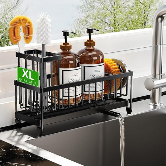 Cisily Extra Large Black Sponge Holder for Kitchen Sink, Sink Caddy Organizer with High Brush Holder, Kitchen Countertop Organizers and Storage Essentials, Rustproof 304 Stainless Steel