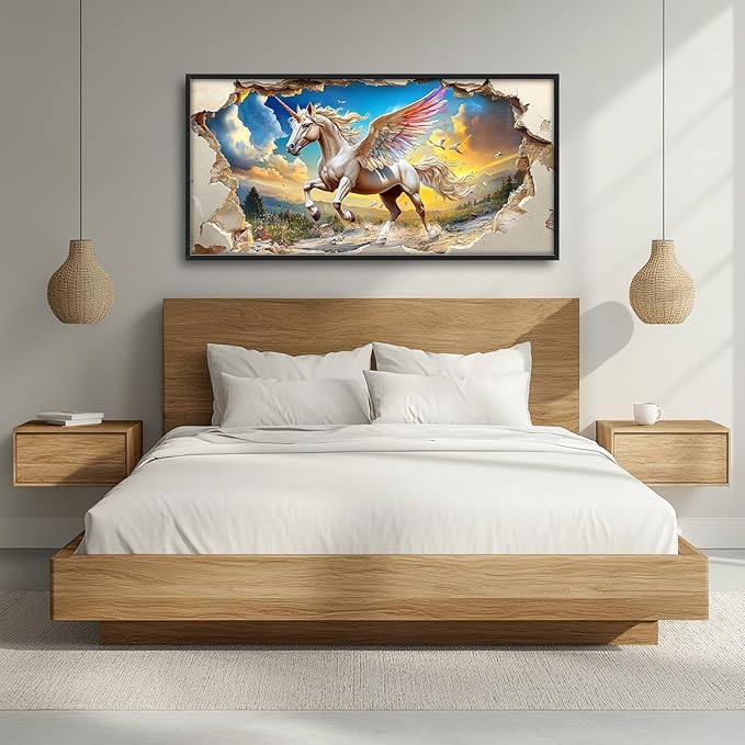 Framed Large Wall Art for Living Room, Unicorn Canvas Wall Decor, Large White Horse Pictures Framed Painting, Natural Landscape Artwork for Bedroom Office Home Decor 60L'' × 30W''