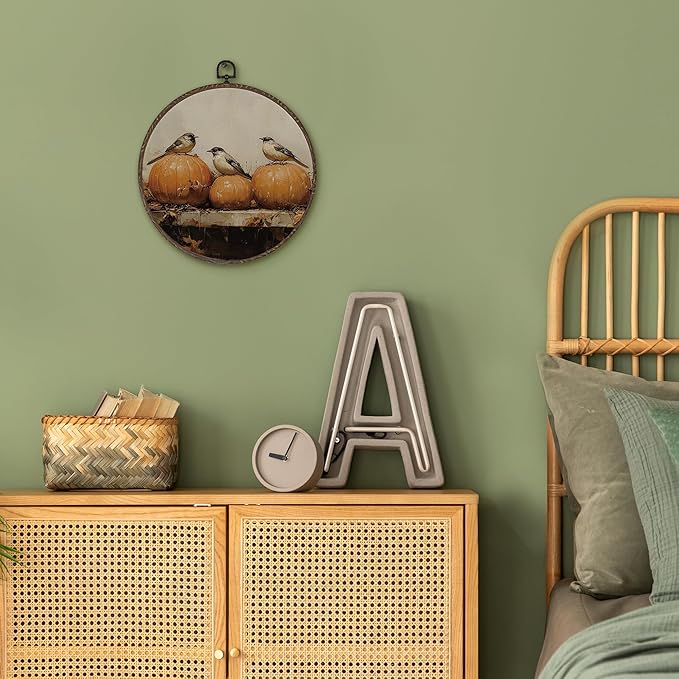 XNXLDYLH Vintage Fall Pumpkin Bird Round Framed Wall Art Decor, Cottagecore Harvest Antique Hanging Wall Decor Decorations, Rustic Fall Autumn Canvas Prints Wall Art Paintings for Living Room, 10x10In