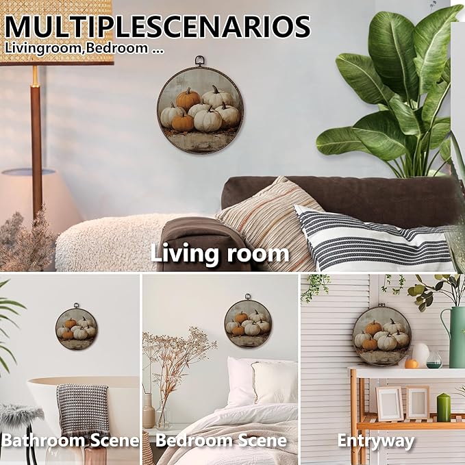 XNXLDYLH Rustic Fall Pumpkin Round Framed Wall Art Decor, Vintage Farmhouse Hanging Wall Decor Decorations, Autumn Fall Canvas Prints Wall Art Pictures Paintings for Bedroom Living Room, 10x10 Inch