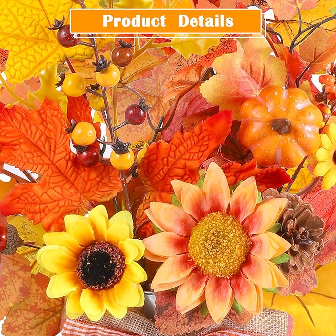15.7" H Fall Table Decor Centerpiece Rustic Metal Vase with Artificial Pumpkin Pinecone Sunflower Berry Maple Leaf Autumn Harvest Floral Arrangement Decoration for Home Kitchen Autumn Thanksgiving