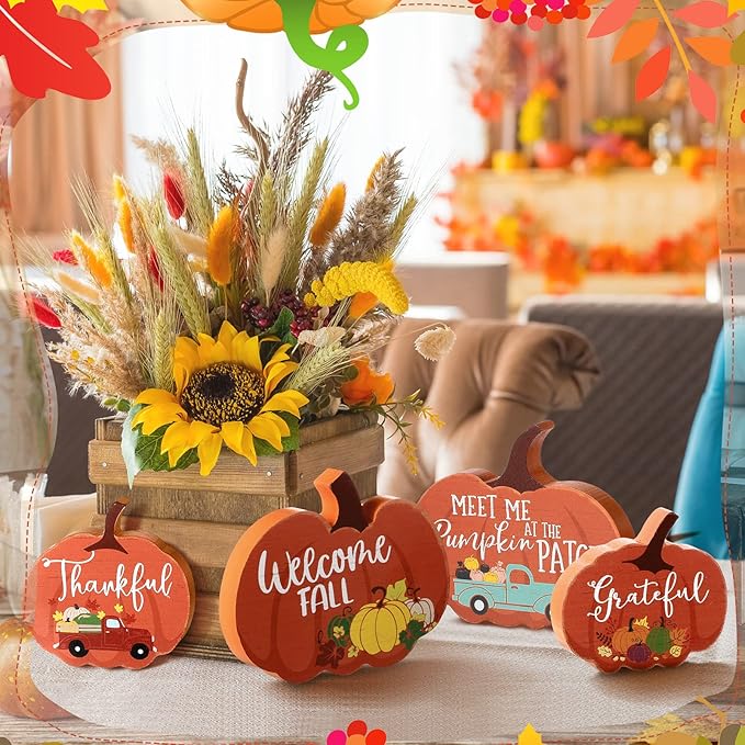 Jetec 4 Pcs Fall Decor for Home Thanksgiving Tiered Tray Decoration Fall Desk Decor Pumpkin Table Centerpiece Welcome Rustic Wood Block Sign for Office Autumn Table Mantel Decoration(Pumpkin Color)