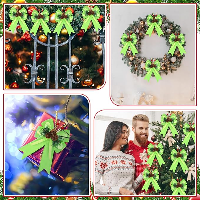 Syhood 6 Pcs Christmas Velvet Bow with Pine Cones Pine Needles Berries Xmas Lime Green Ribbon Bow Ornaments 6.3 x 5.1 Inch for Christmas Tree Wreath Garden Fireplace Crafts DIY Decor