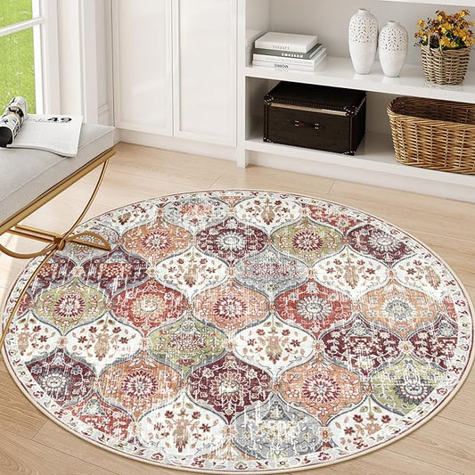 Lahome Moroccan Trellis Washable Round Rugs, Non-Slip Soft Round Rug 4ft Ultra-Thin, Small Vintage Circle Carpet for Entryway Kitchen Bedroom Nursery Bathroom, Orange/Terracotta