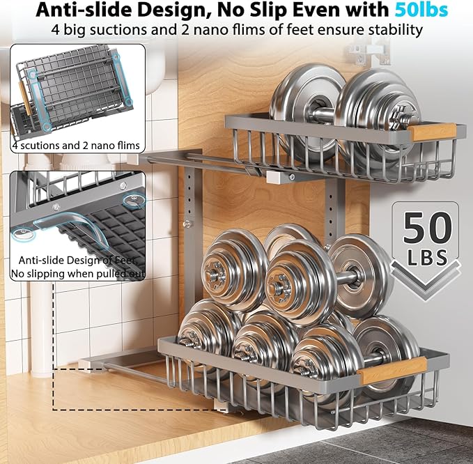 Under Sink Organizer Storage 2 Pack, 2 Tier Slide Out Height Adjustable Pull Out Cabinet Organizer Drawer for Kitchen Bathroom Large Under Sink Shelf Rack Caddy for Pantry, Grey