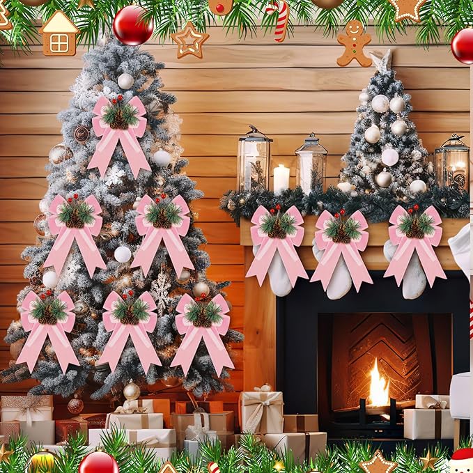 Syhood 6 Pcs Christmas Velvet Bow with Pine Cones Pine Needles Berries Xmas Pink Ribbon Bow Ornaments 6.3 x 5.1 Inch for Christmas Tree Wreath Garden Fireplace Crafts DIY Decor