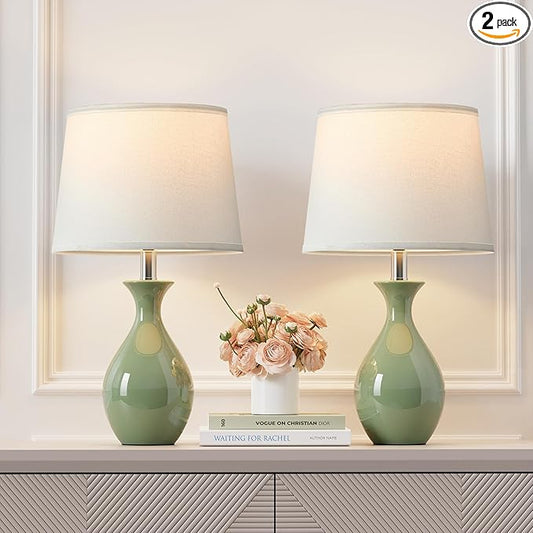 PARTPHONER Table Lamp Set of 2, Modern Ceramic Bedside Lamps for Night Stands, Classic Small Lamp Nightstand Lamp for Bedroom Living Room Desk End Table Rocker Swtich Sage Green