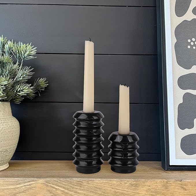 HofferRuffer Marble Candlestick Holders, Set of 2 Natural Stone Candle Holder Decorative Candle Stands for Wedding, Dinning, Party, Table Centerpieces, Fits 3/4'' Thick Candles (MarbleBlack)