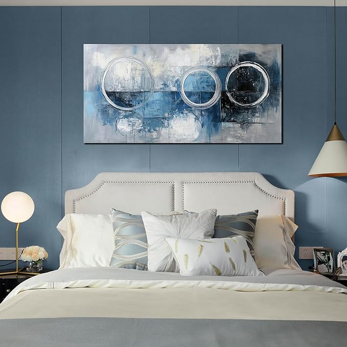 AOZEMI Blue Wall Decor for Living Room Office Abstract Canvas Wall Art Large Modern Picture Artwork Grey and White Circle Art 29" x 59"