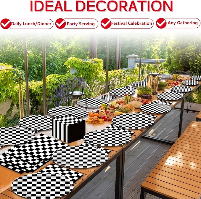 Racing Car Party Oval Paper Plates 11inch Black & White Checkered Flag Plates and Napkins, Dish Tray for Race Fans Birthday Party Supplies Dirt Bike Holiday BBQ Picnic Baby Shower Tableware, 25 Guest