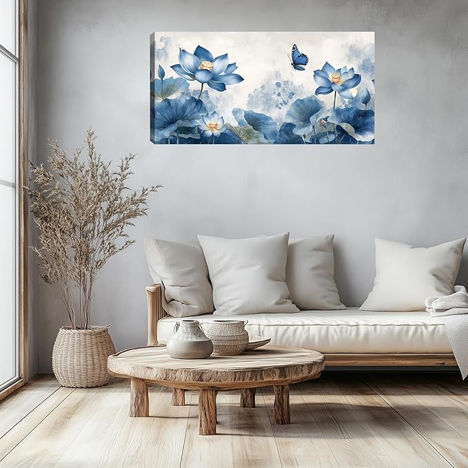Zen Canvas Wall Art Large Blue Lotus Aesthetic Pictures Wall Decor for Yoga Meditation Room Bedroom Living Room Office Decor Poster Prints Painting Framed Artwork 48L x 24W