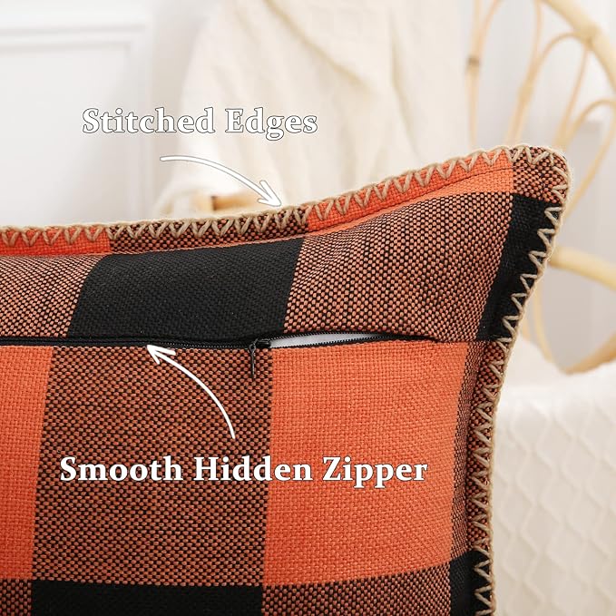 decorUhome Farmhouse Gingham Buffalo Plaid Check Throw Pillow Covers 16x16 Set of 2, Outdoor Fall Linen Decorative Pillow Covers with Stitched Edge for Bed Couch Sofa, Orange and Black