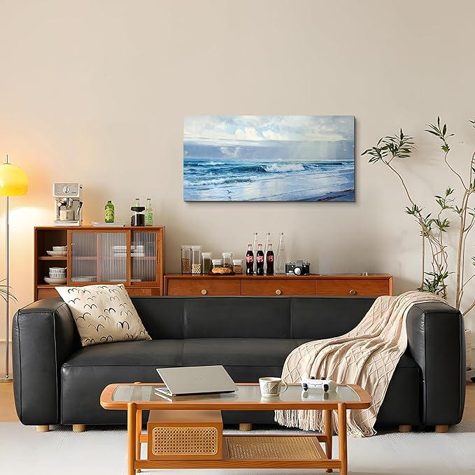 crmotu Beach Large Wall Art, Coastal Landscape Vintage Decor Painting, Sun and Ocean Waves Canvas Art Prints, Blue Aesthetic Wall Pictures for Living Room Bedroom bathroom, Office Decor 20"X40"