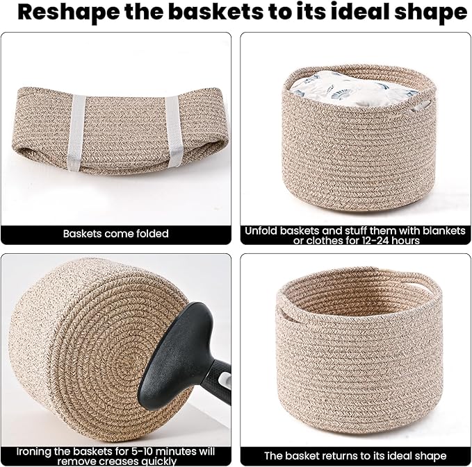 Small Storage Baskets for Organizing, Organizer Baskets for Shelves, Small Woven Basket for Storage, Cute Cotton Rope Basket for Gifts Empty, 9.7"×9.7"×7" (3 Packs) Brown