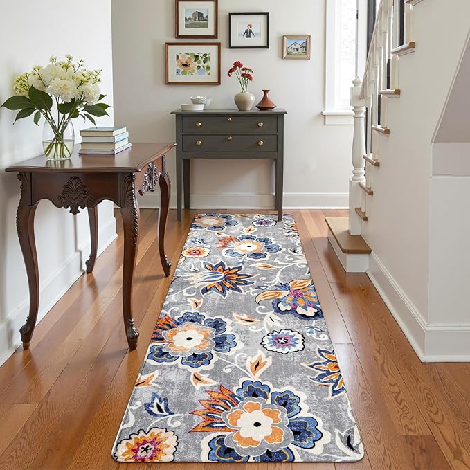 Lahome Floral Hallway Runner - 2x6 Washable Non-Slip Kitchen Runner Rug, Throw Lightweight Soft Bathroom Runner Rug Grey Paisley Print Indoor Carpet Runner for Entrance Bedroom Laundry Living Room