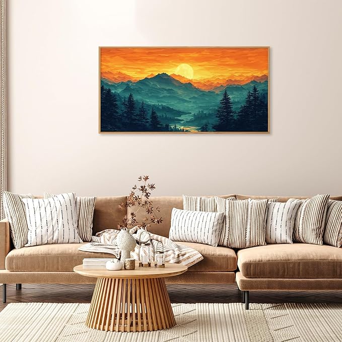 HOURIA Large Sunrise Mountain Forest Landscape Framed Canvas Wall Art Set,Orange Sky Green Ridge Wall Decor,Nature Pine Tree Artwork,Boho Watercolor Art Print for Living Room, Bedroom- 20"x40"x1