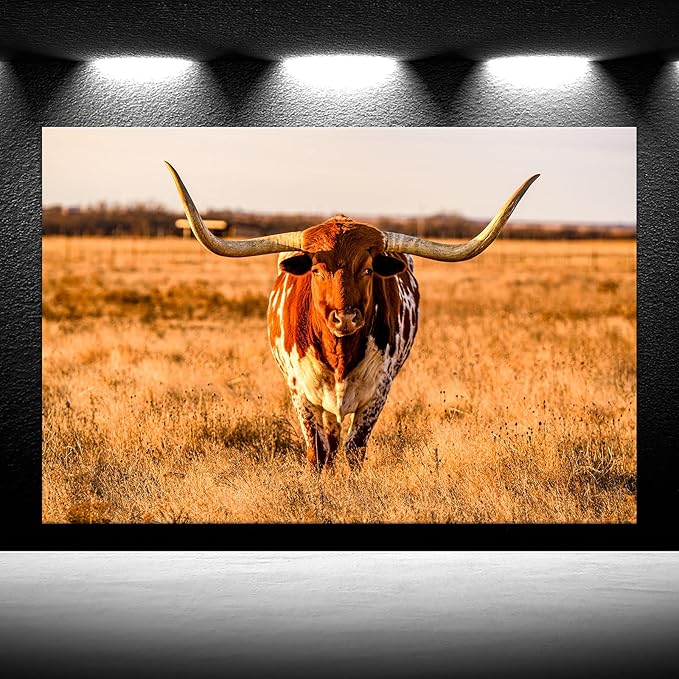 Longhorn Canvas Wall Art Highland Cattle in Sunset Picture Prints Farm Animal Cow in Autumn Grassland Prairie Painting Modern Home Farmhouse Decoration Giclee Artwork Framed 32x48inch