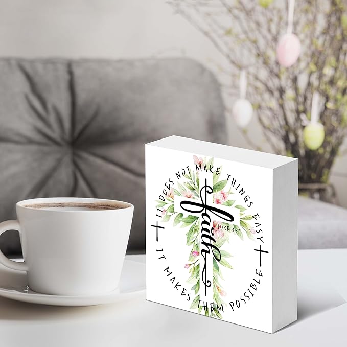 Christian Gifts: 'Faith' Luke 1:37 Wooden Box Sign Decor - Thanksgiving & Christmas Gifts, Christian Home Decor for Family & Friends