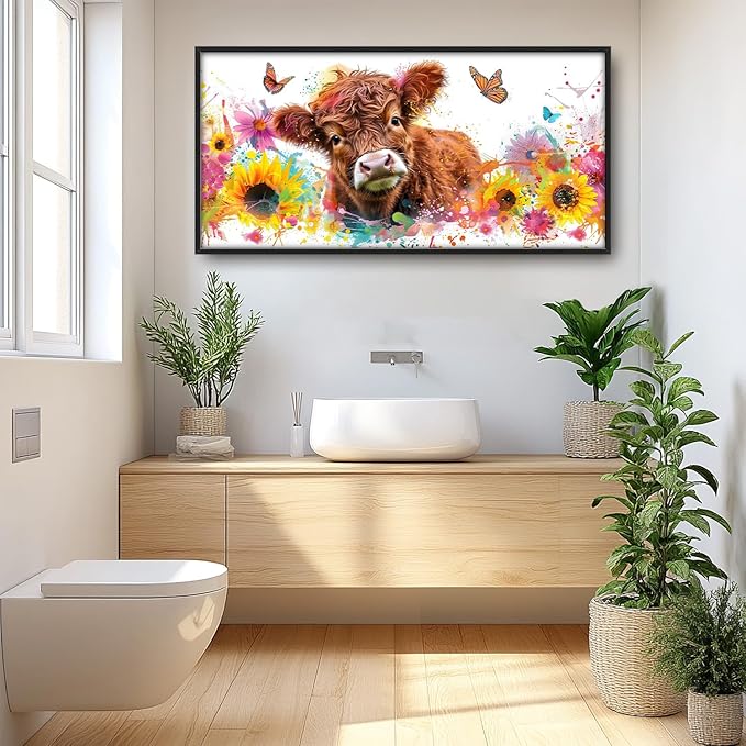 Flintis Large Highland Cow Wall Art Cow Sunflower Pictures Wall Decor Abstract Animal Canvas Painting Print Artworks Decorations Framed for Living Room Bathroom Master Bedroom Office 60L x 30W