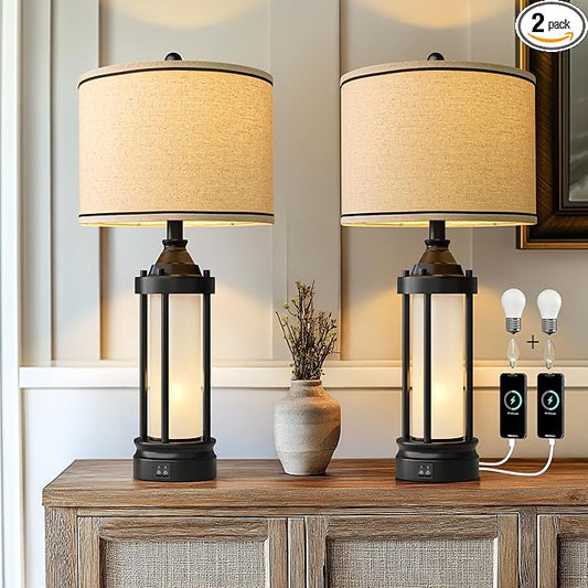 25'' Table Lamps for Bedroom Living Room Lamps Set of 2 Farmhouse Nightstand Bedside Lamps with USB Ports, Built-In Frosted Glass Night Light Industrial Metal Night Stand Lamp, Bulbs Included, Black