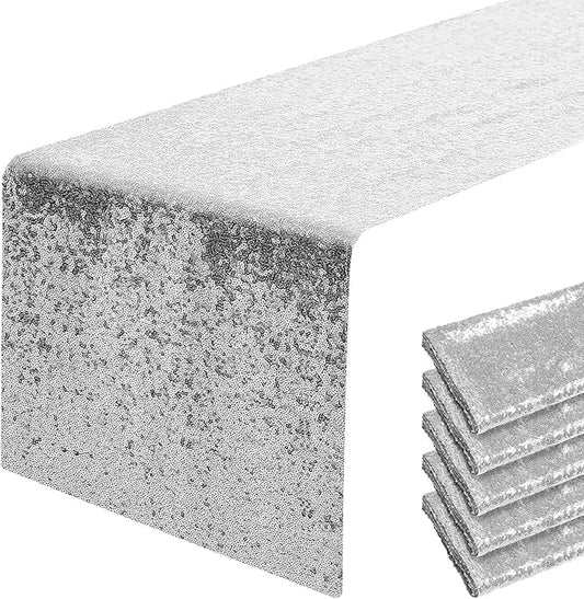 6 Packs 12 x 108 inches Silver Sequin Table Runner, Glitter Silver Table Runner for Wedding Birthday Bachelorette Holiday Party Supplies Decorations Bridal Shower Baby Shower