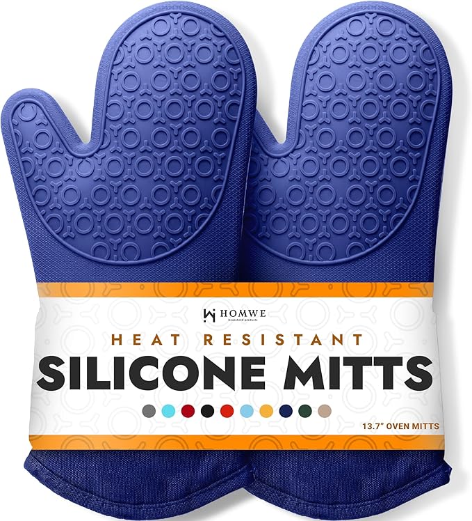 BPA-Free Soft Silicone Oven Mitts - Ultra Heat Resistant Oven Mitts with Thick Cotton Liner - Long Slip Resistant Pot Holders, Flexible Oven Gloves - Royal Blue 13.7"