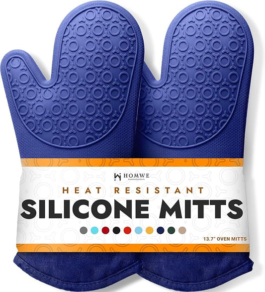BPA-Free Soft Silicone Oven Mitts - Ultra Heat Resistant Oven Mitts with Thick Cotton Liner - Long Slip Resistant Pot Holders, Flexible Oven Gloves - Royal Blue 13.7"