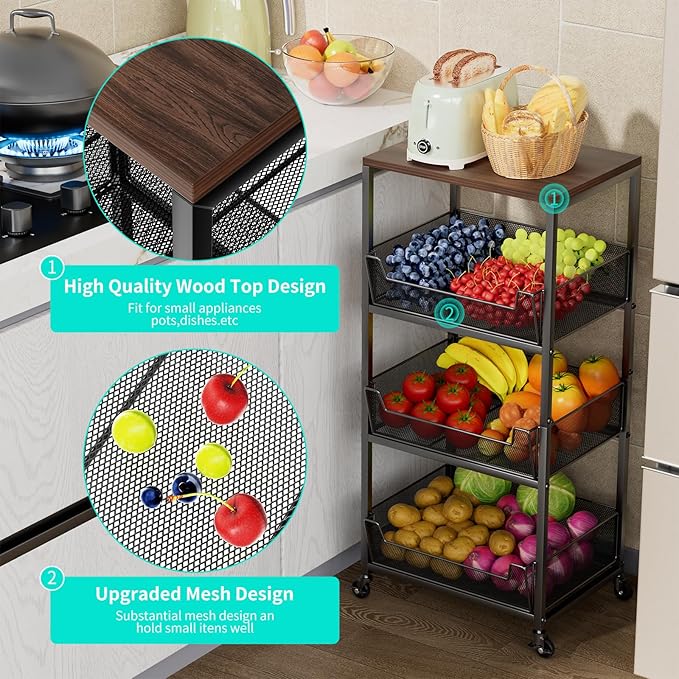 HapiRm Fruit Basket Kitchen Cart - 4-Tier Rolling Storage Cart with Wheels, Fruit Vegetable Basket with Wood Top, Pantry Utility Kitchen Organizer for Fruit Potato Onion Vegetable Bread Snack